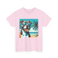 Pink t-shirt with a dog wearing sunglasses and palm trees design on a white background