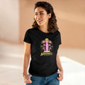 A woman wearing a black t-shirt with a palm tree and 'Narragansett' text design.