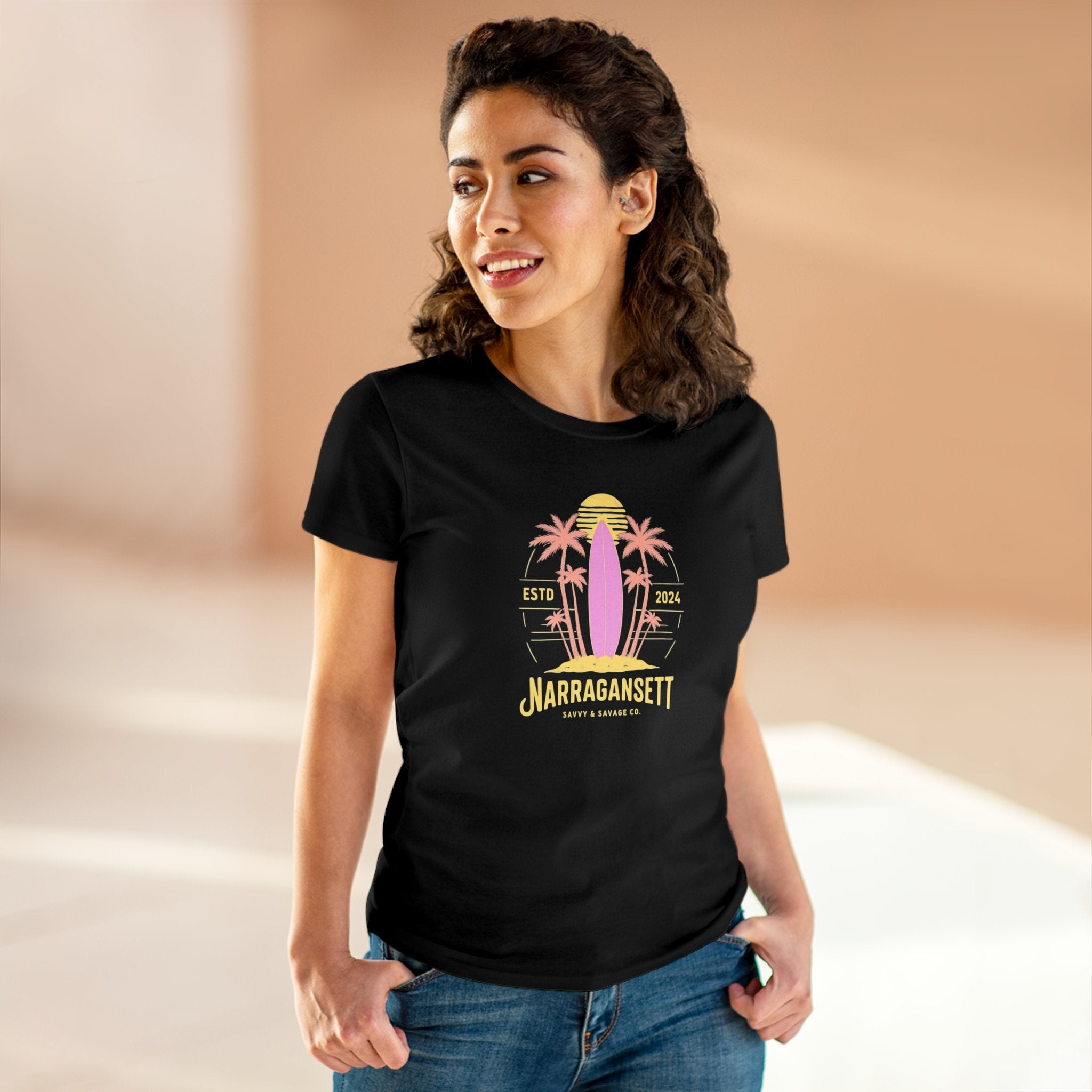 A woman wearing a black t-shirt with a palm tree and 'Narragansett' text design.