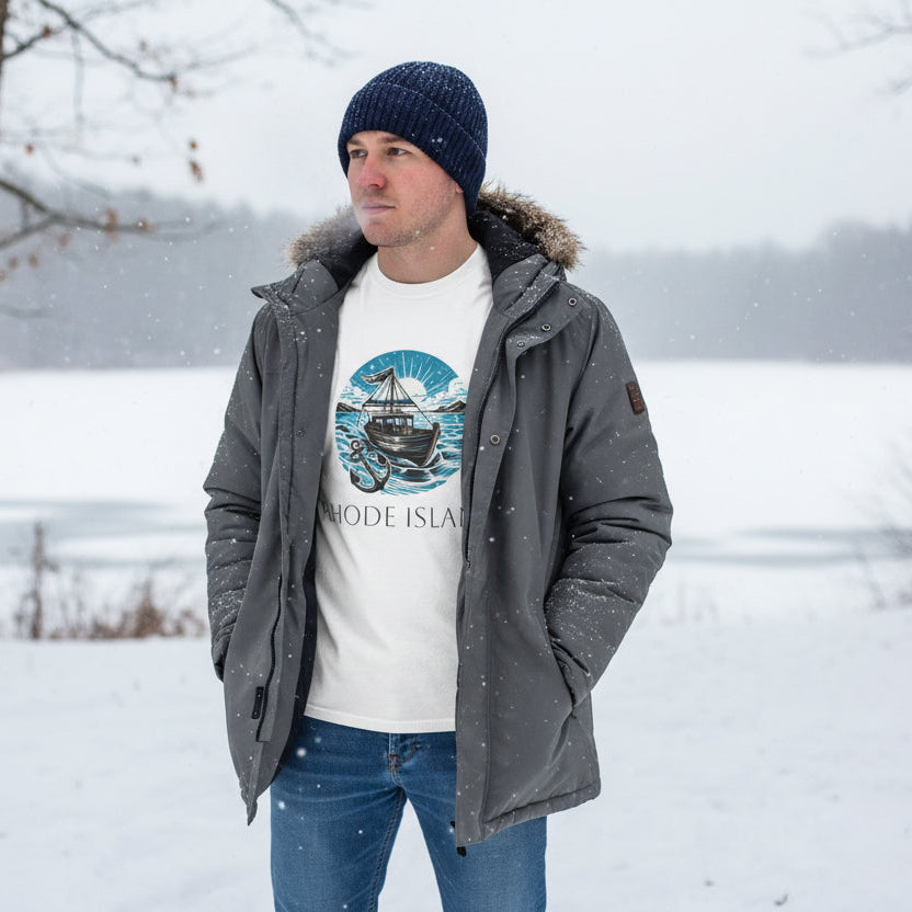 Person wearing a coat and beanie standing in a snowy landscape with a lake.