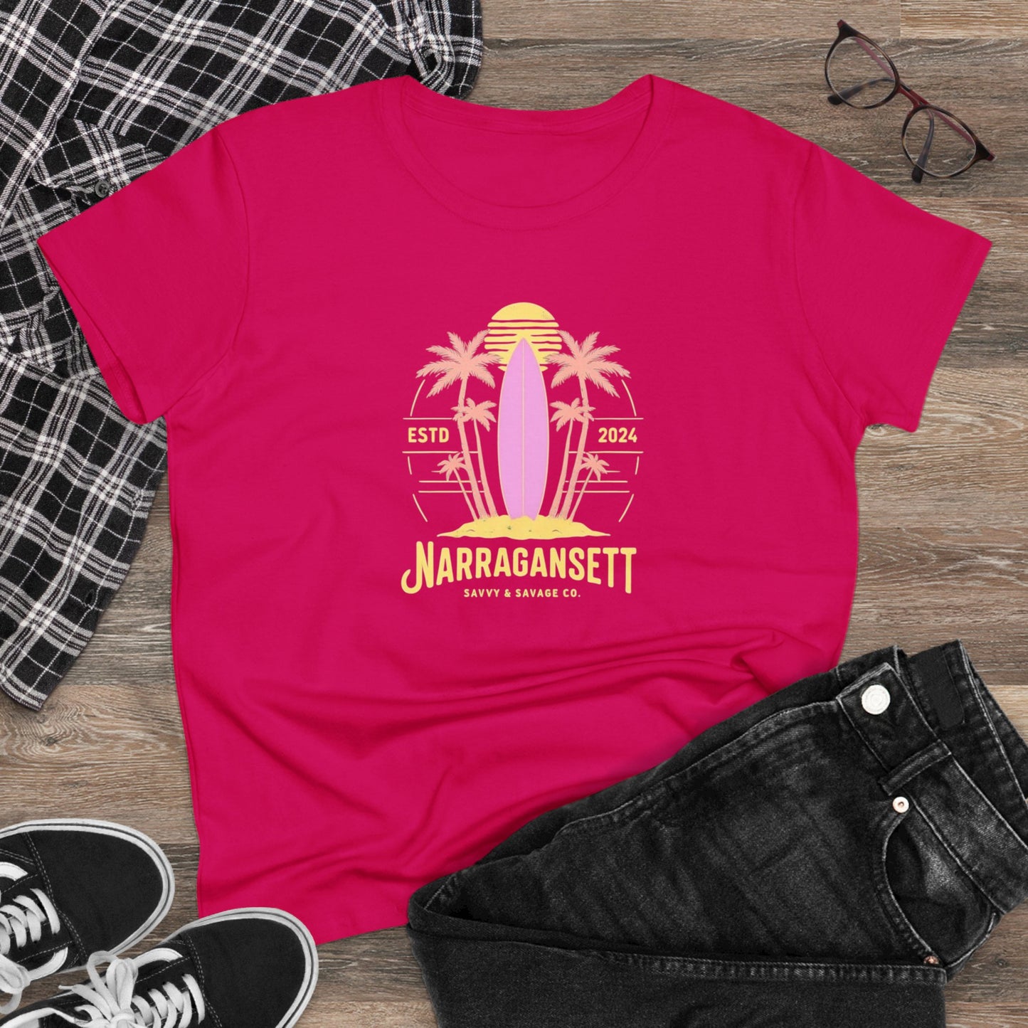 Narragansett Surf Tee - Women's Midweight Cotton T-Shirt with Palm Design