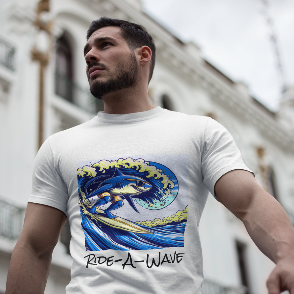 Man wearing a white t-shirt with a blue wave design and text, standing in front of a building.