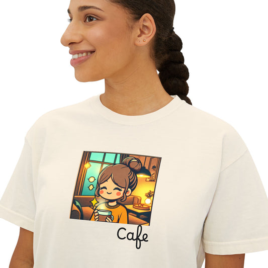 Cozy Cafe Women's Boxy Tee - Cute Graphic Top for Coffee Lovers