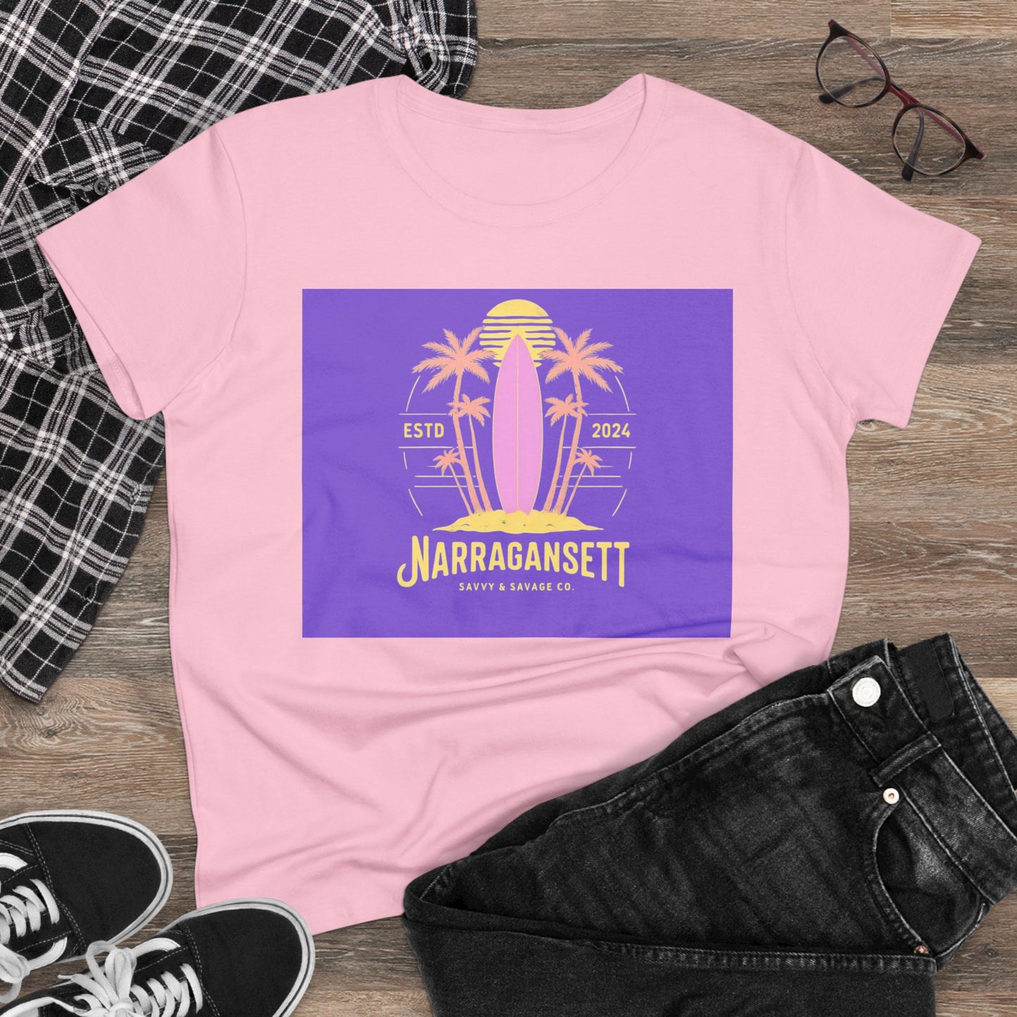 Narragansett Surf Tee - Women's Midweight Cotton T-Shirt with Palm Design