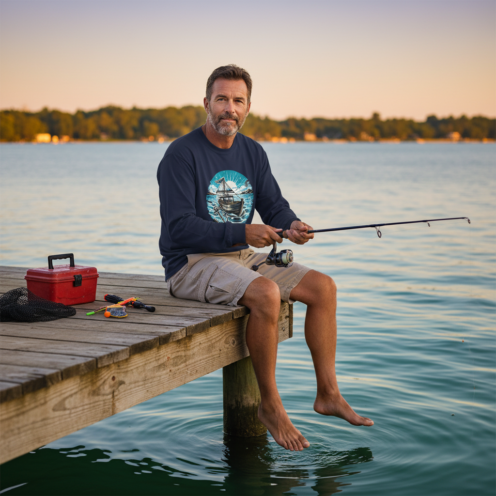 Man sitting on a dock by a lake, holding a fishing rod with sunset in the background