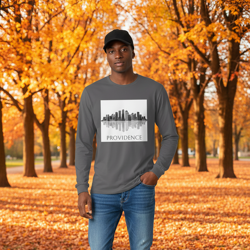 Man wearing a gray long-sleeve shirt with 'Providence' print in an autumn setting