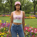 Spring blooms shirt front view outside by a garden