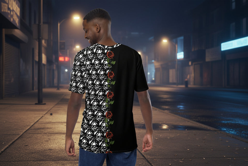 Black and White Rose All-Over Print T-Shirt