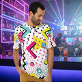 Man wearing a colorful shirt in a bar setting with neon lights and people in the background