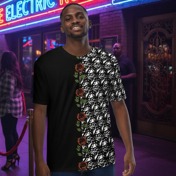 Black and White Rose All-Over Print T-Shirt