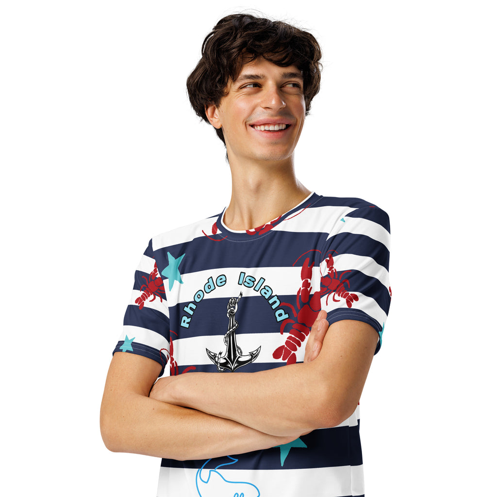 Rhode Island Anchor all-over print men's crew neck t-shirt – top half view.