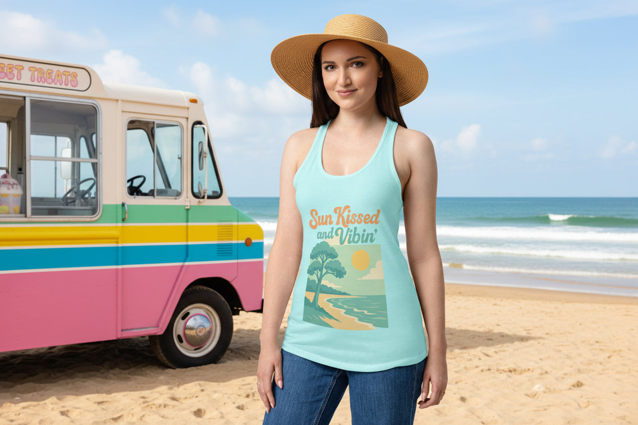 Sunkissed and Vibing baby blue tank top 