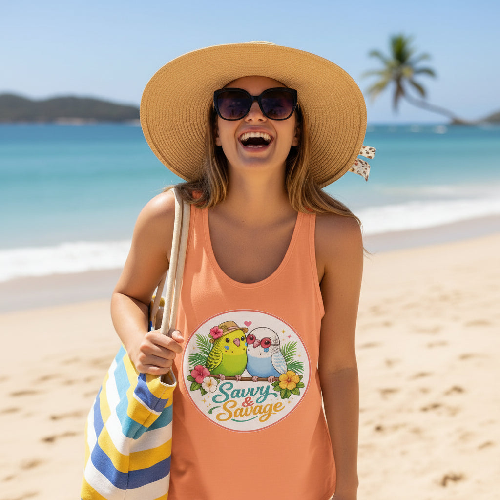 Orange tank top with a colorful graphic of two birds and the text 'Savvy & Savage' on a white background.